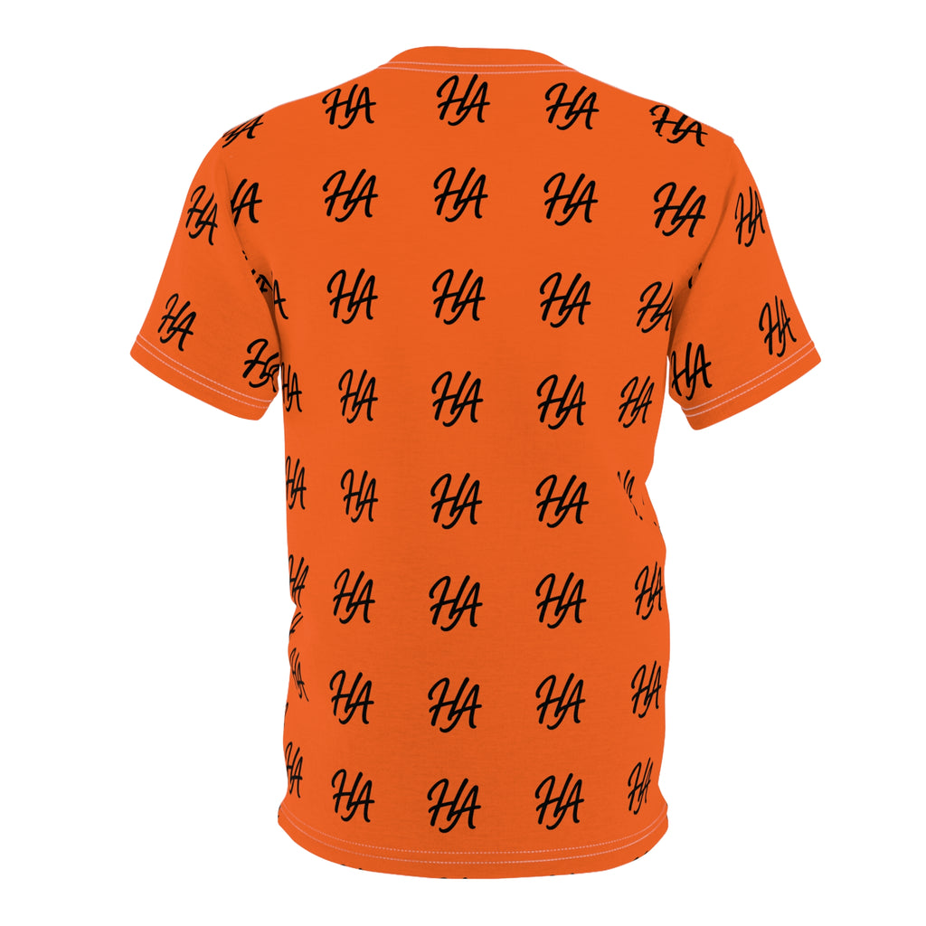 HA Monogram Tee — Minimal Black Script Pattern Orange T-Shirt