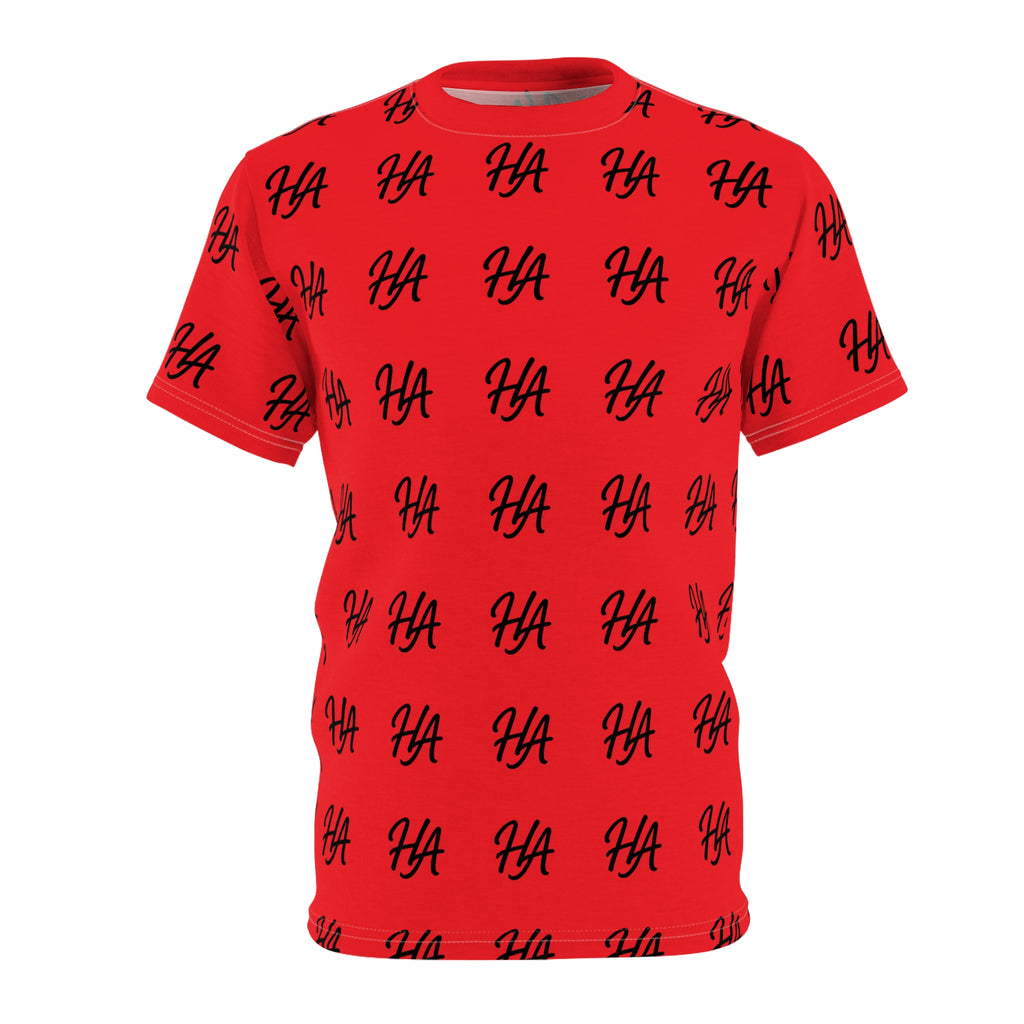 HA Monogram Tee — Minimal Black Script Red Pattern T-Shirt