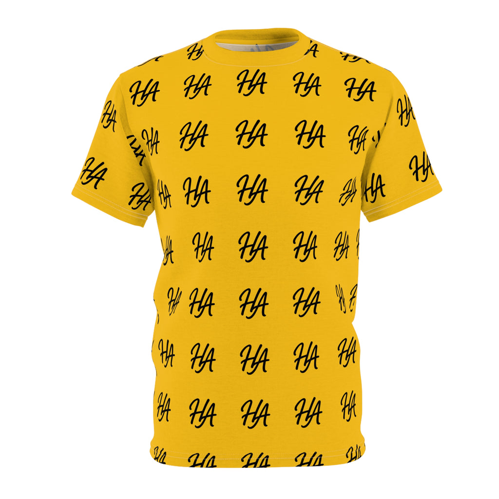HA Monogram Tee — Minimal Black Script Yellow Pattern T-Shirt