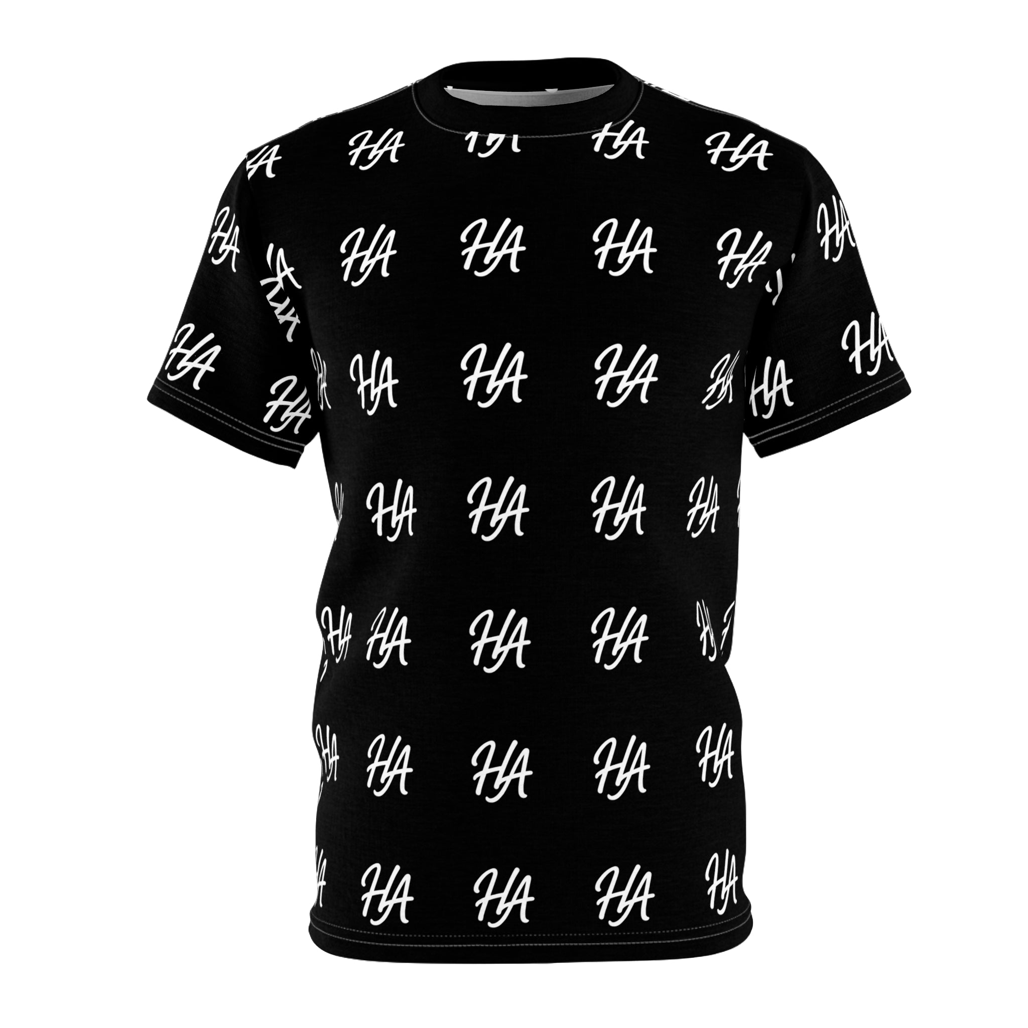 HA Monogram Tee — Minimal Black Script Pattern Black T-Shirt