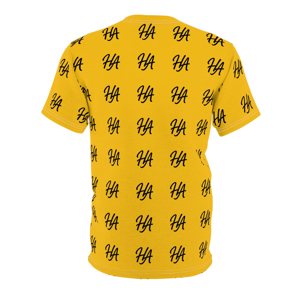 HA Monogram Tee — Minimal Black Script Yellow Pattern T-Shirt