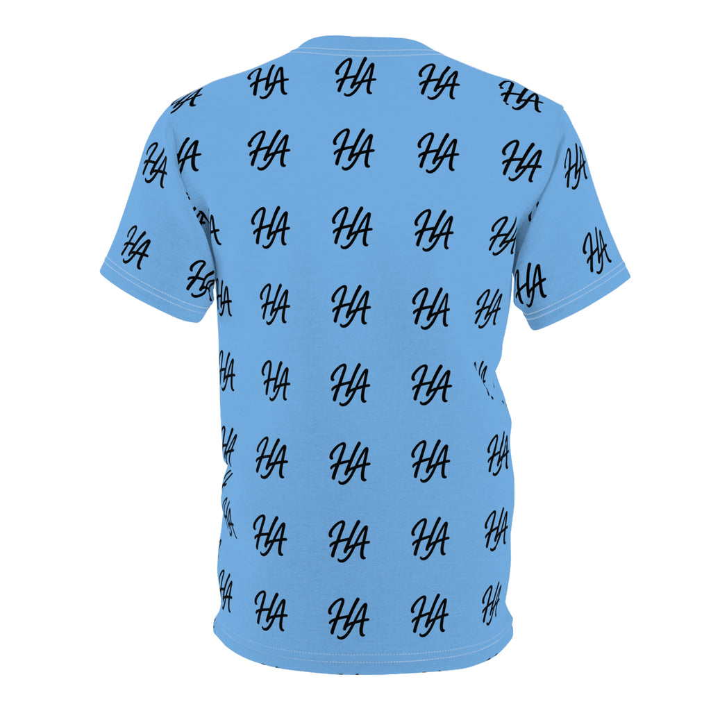 HA Monogram Tee — Minimal Black Script Light Blue Pattern T-Shirt