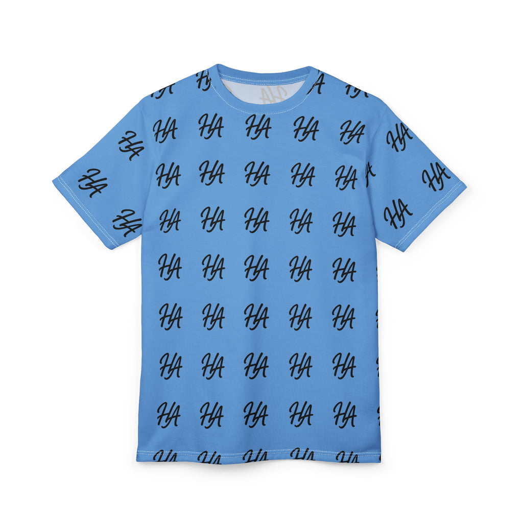 HA Monogram Tee — Minimal Black Script Light Blue Pattern T-Shirt