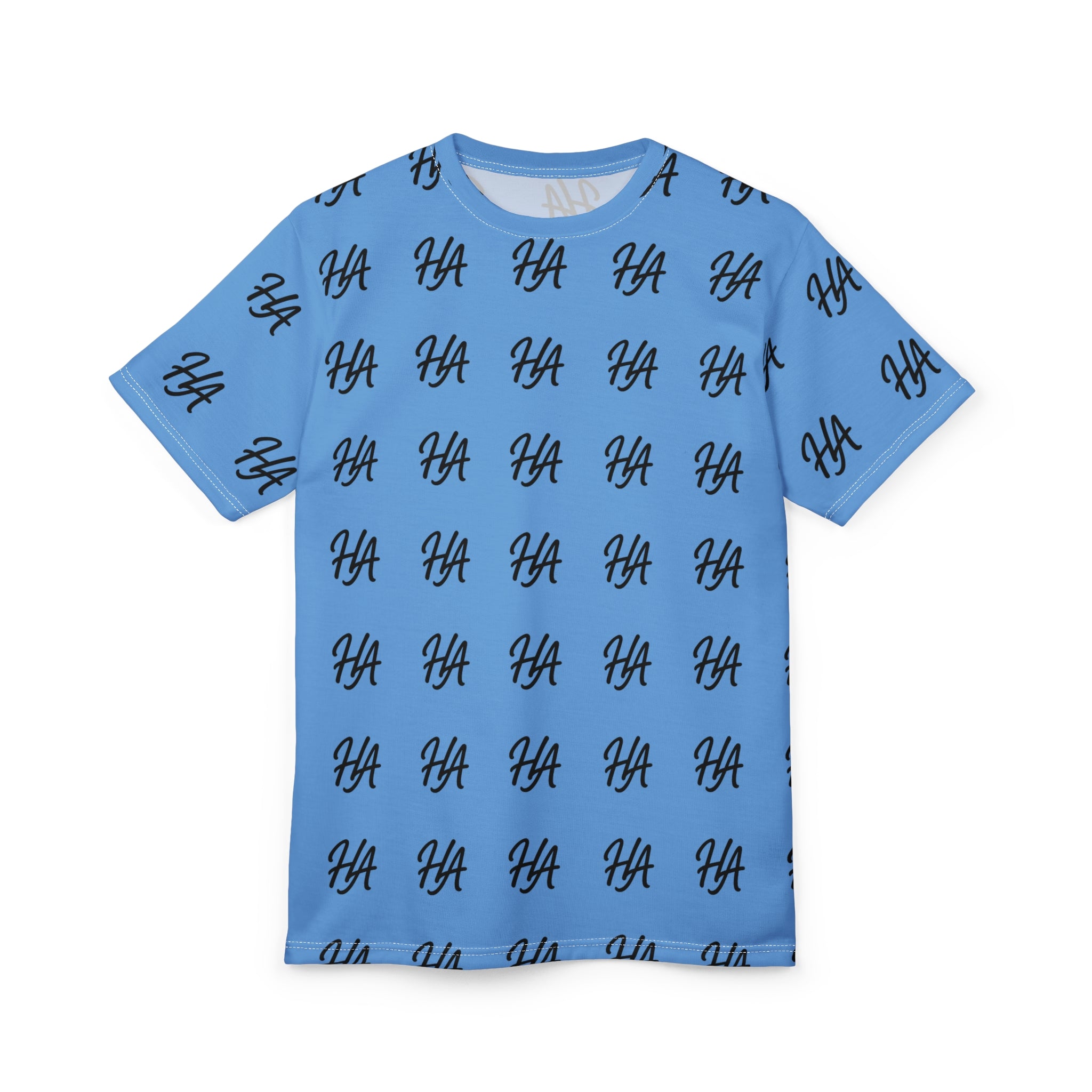 HA Monogram Tee — Minimal Black Script Light Blue Pattern T-Shirt