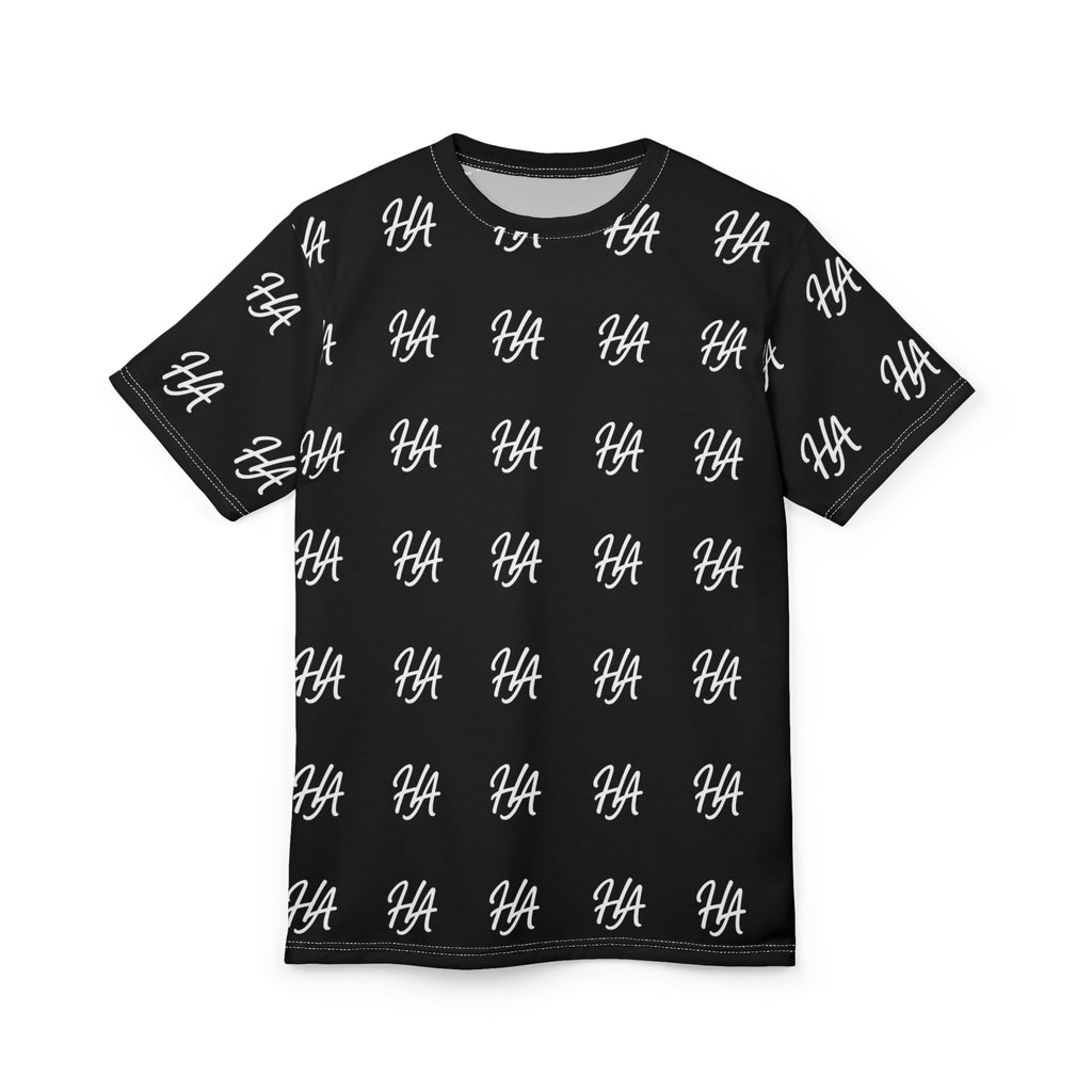 HA Monogram Tee — Minimal Black Script Pattern Black T-Shirt