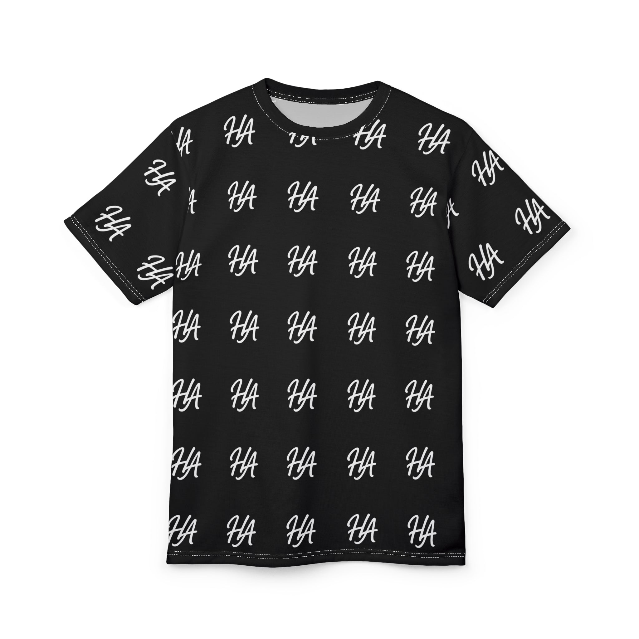 HA Monogram Tee — Minimal Black Script Pattern Black T-Shirt