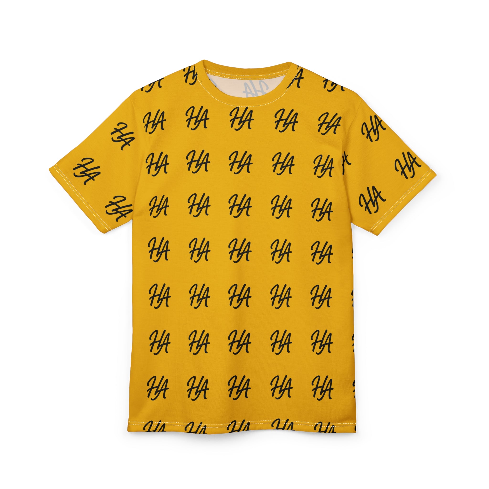 HA Monogram Tee — Minimal Black Script Yellow Pattern T-Shirt