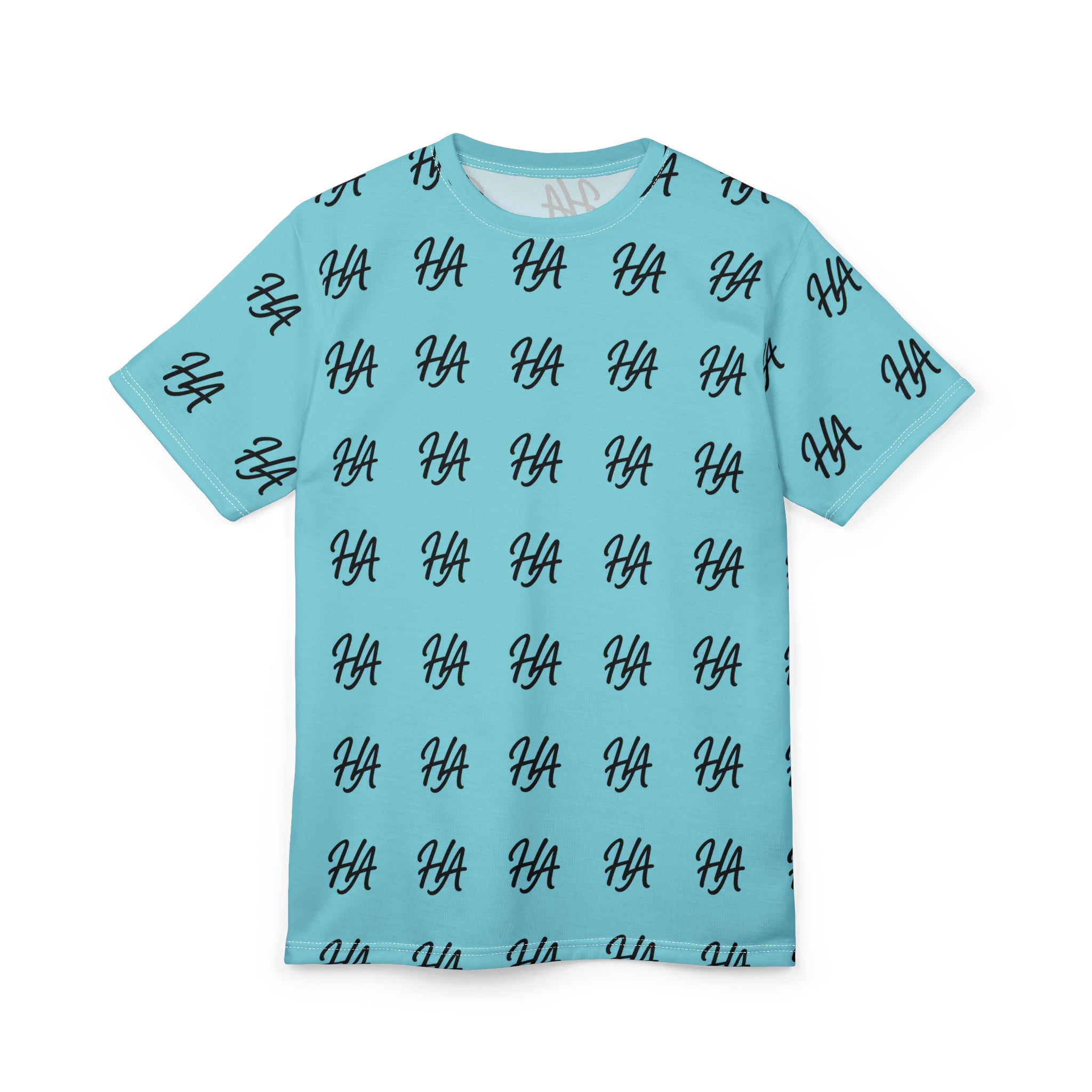 HA Monogram Tee — Minimal Black Script Cyan Pattern T-Shirt