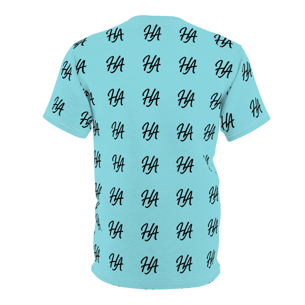 HA Monogram Tee — Minimal Black Script Cyan Pattern T-Shirt
