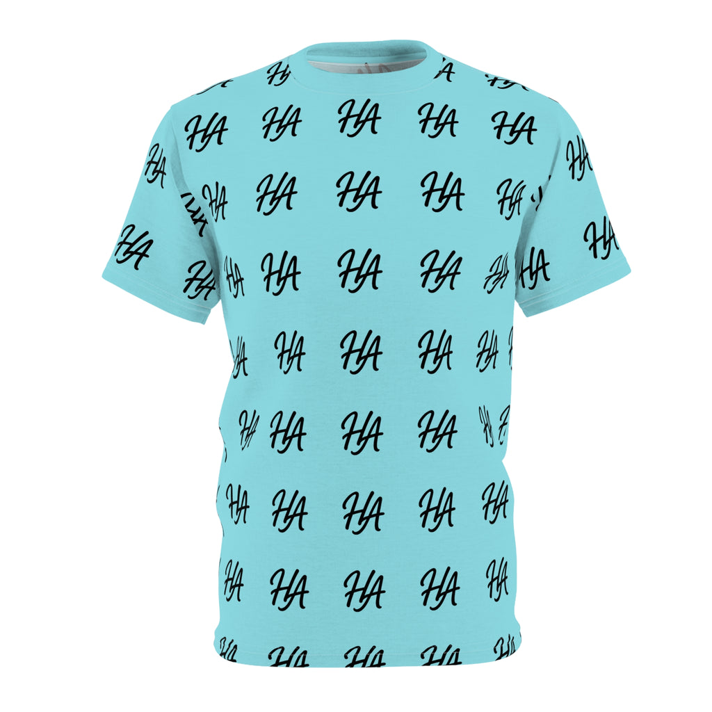 HA Monogram Tee — Minimal Black Script Cyan Pattern T-Shirt