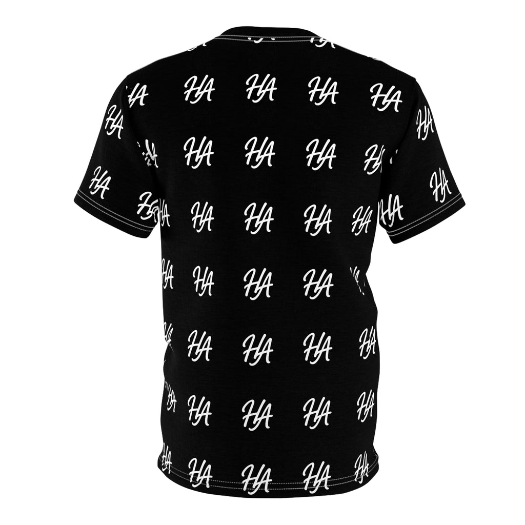 HA Monogram Tee — Minimal Black Script Pattern Black T-Shirt
