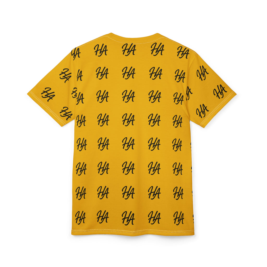 HA Monogram Tee — Minimal Black Script Yellow Pattern T-Shirt