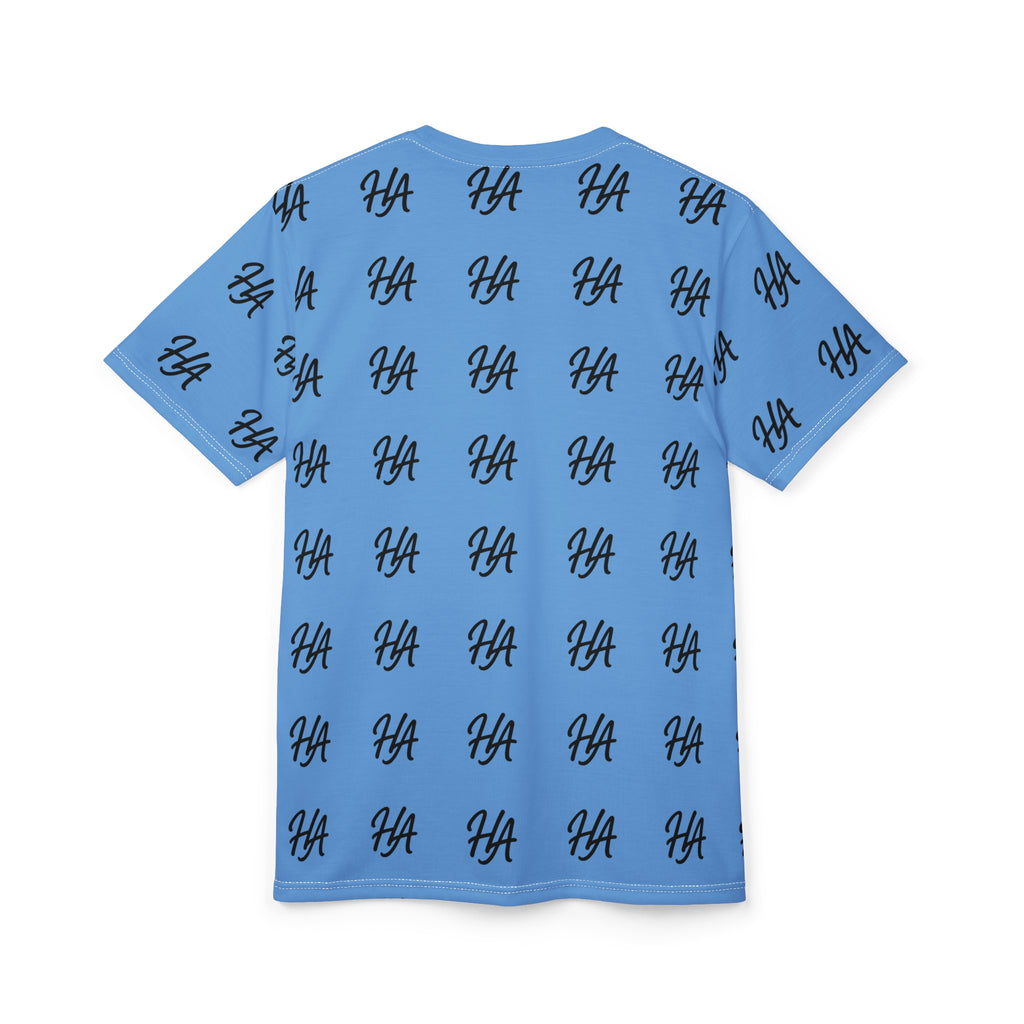 HA Monogram Tee — Minimal Black Script Light Blue Pattern T-Shirt